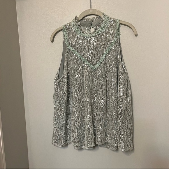 Wishlist Tops - Wishlist Top Sage Green Lace Sleeveless Swing Romantic Key Hole Back Lined L EUC